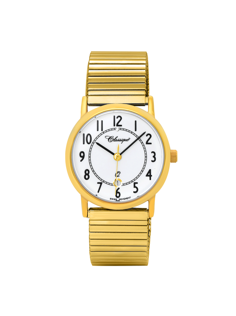 Case Gold Plated Stainless Steel Dial White Dial Black Arabic Flexi Band