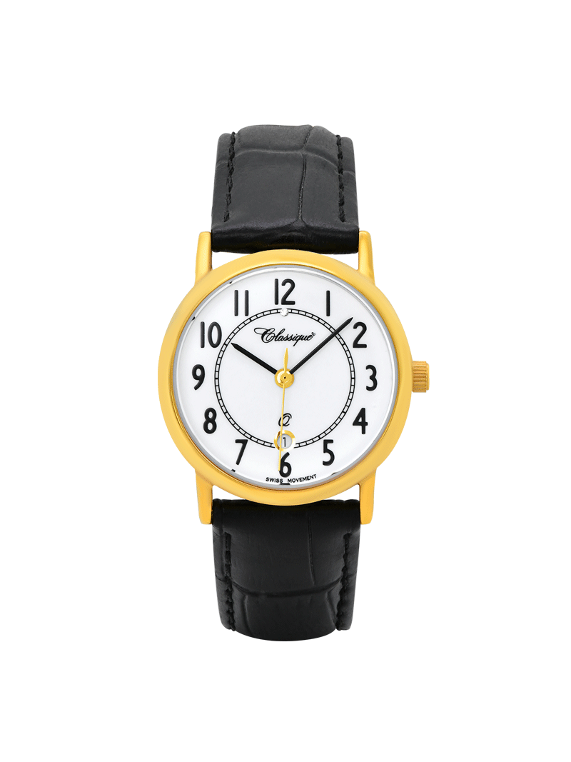 Case Gold Plated Stainless Steel Dial White Dial Black Arabic Leather Black
