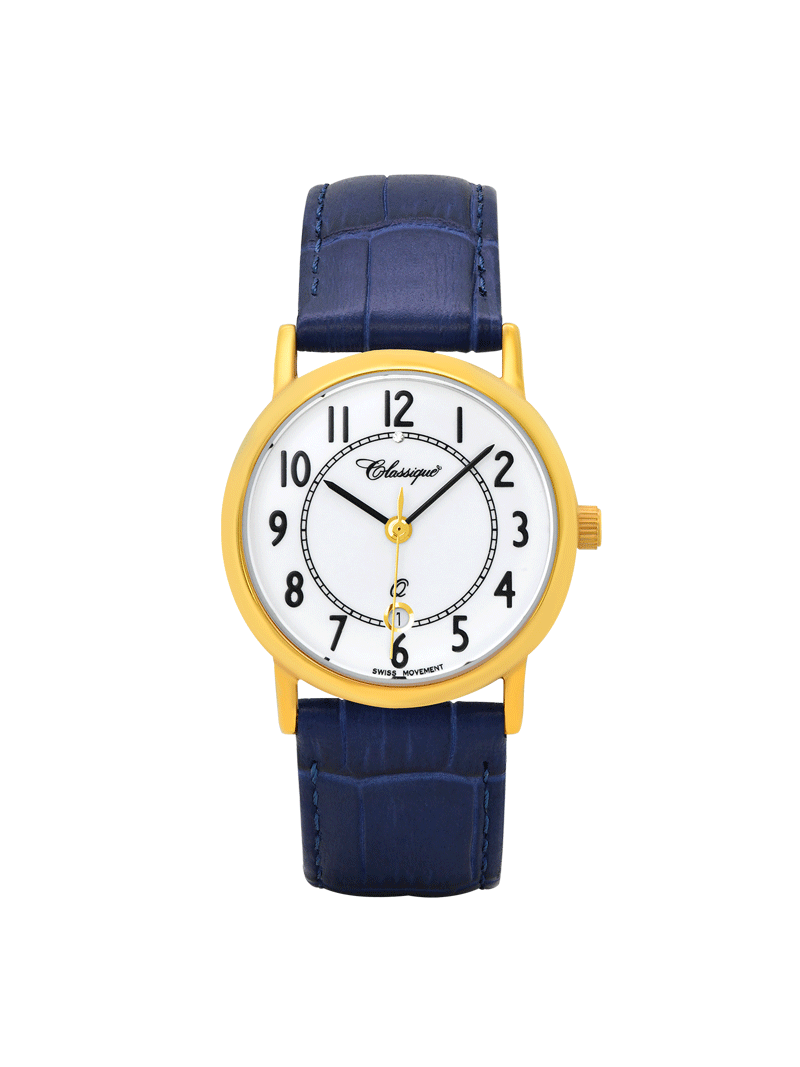 Case Gold Plated Stainless Steel Dial White Dial Black Arabic Leather Blue