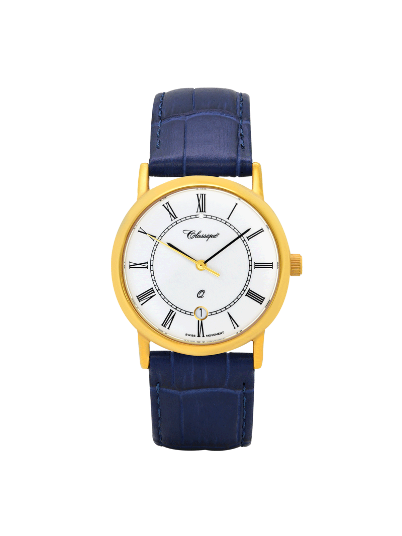 Case Gold Plated Stainless Steel Dial White Dial Black Roman Leather Blue