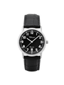 Case Rhodium Plated Stainless Steel Dial Black Dial White Arabic Leather Black