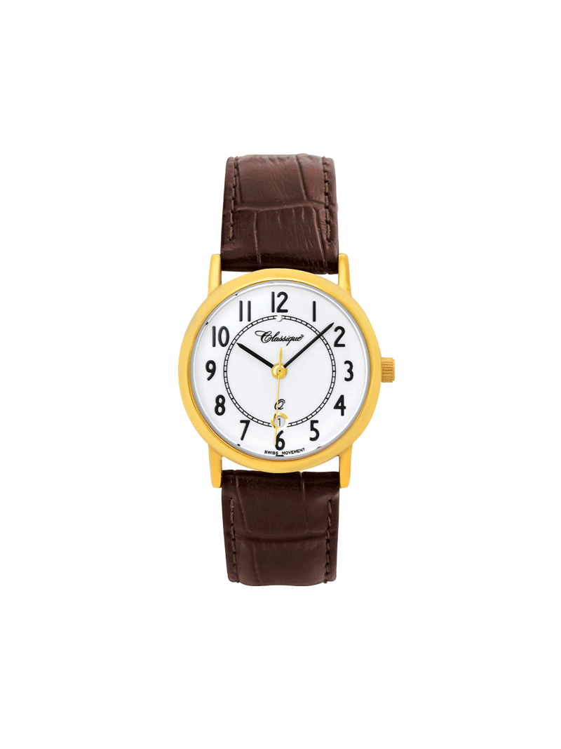 Case Gold Plated Stainless Steel Dial White Dial Black Arabic Leather Brown