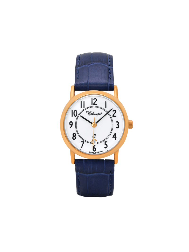 Case Rose Gold Plated Stainless Steel Dial White Dial Black Arabic Leather Blue
