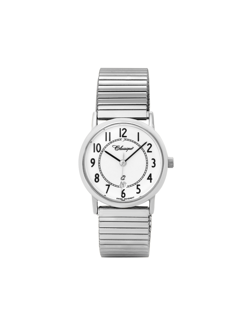 Case Rhodium Plated Stainless Steel Dial White Dial Black Arabic Flexi Band