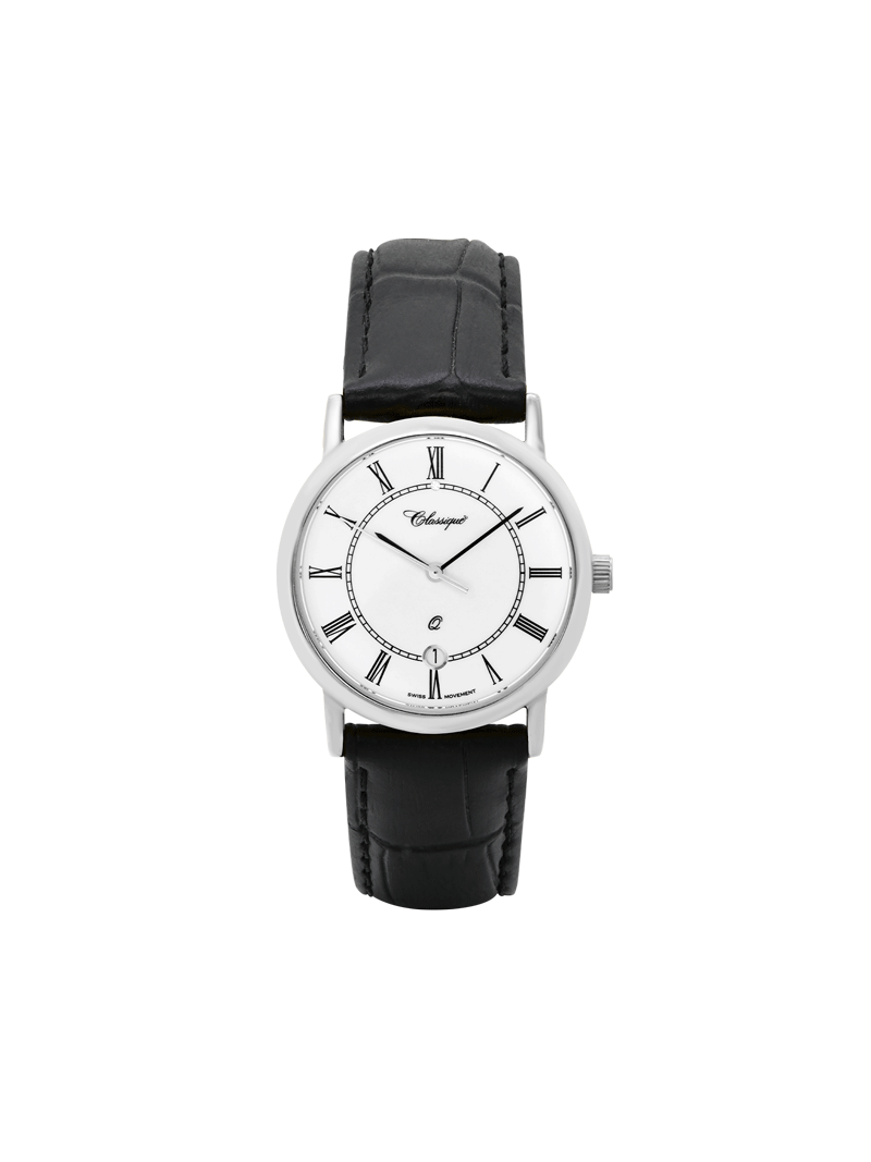 Case Rhodium Plated Stainless Steel Dial White Dial Black Roman Leather Black
