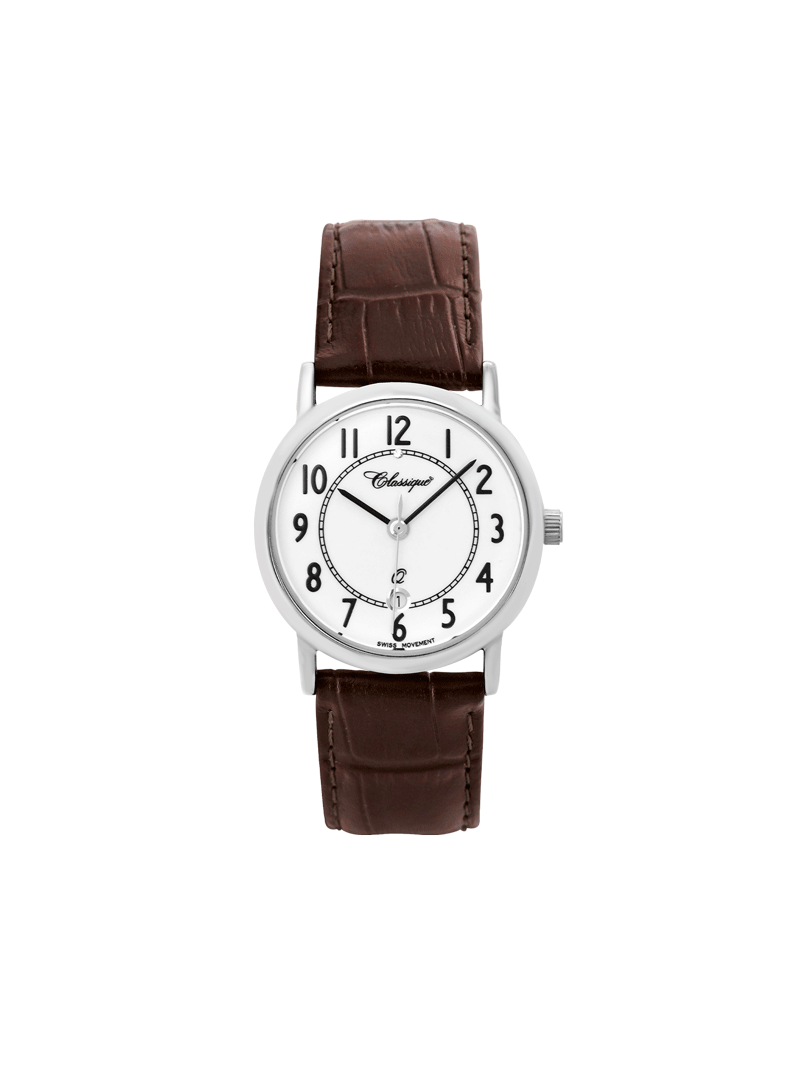 Case Rhodium Plated Stainless Steel Dial White Dial Black Arabic Leather Brown