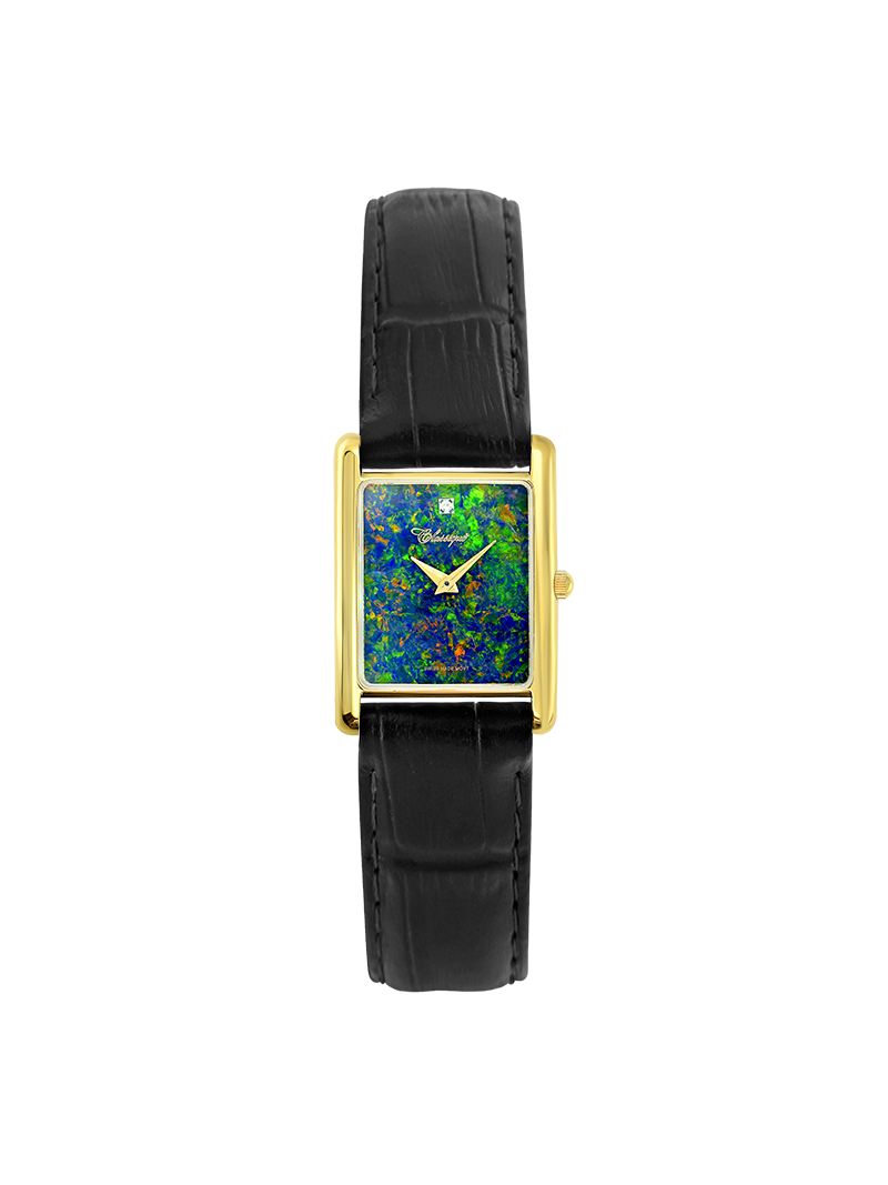 Case Gold Plated Stainless Steel Dial Opal Dial Diamond Leather Black