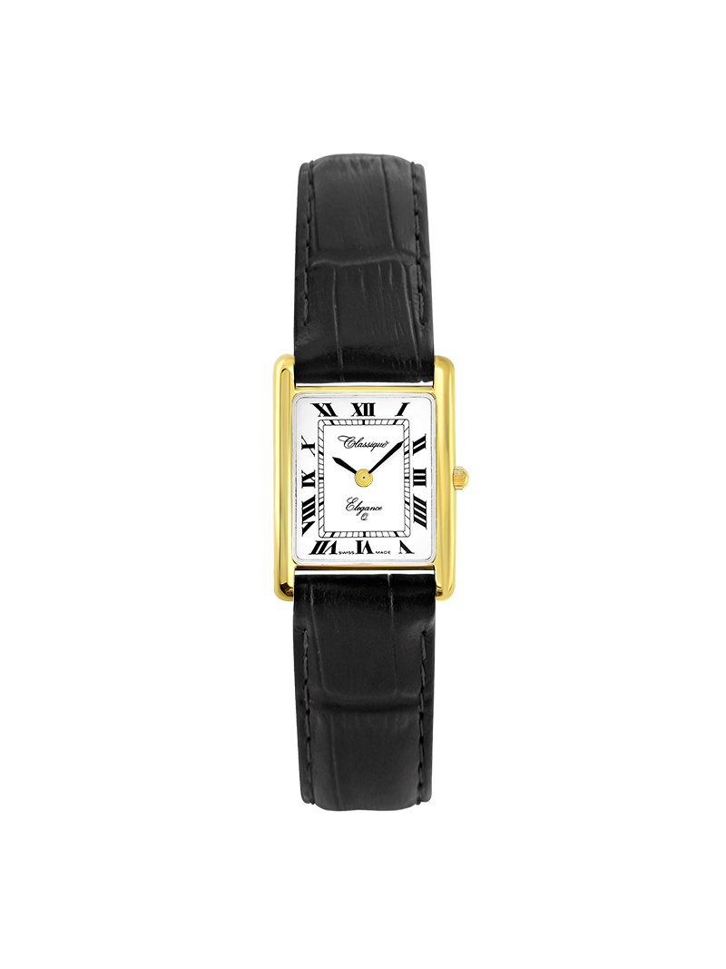 Case Gold Plated Stainless Steel Dial White Dial Black Roman Leather Black
