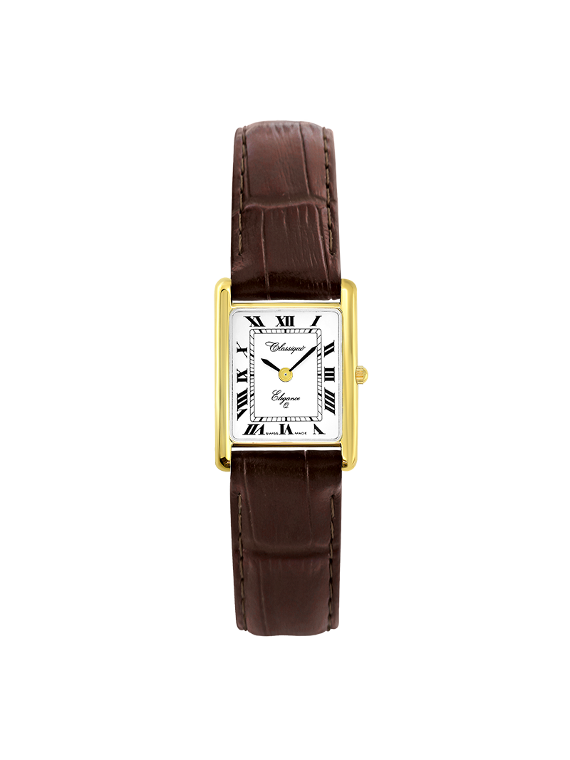 Case Gold Plated Stainless Steel Dial White Dial Black Roman Leather Brown