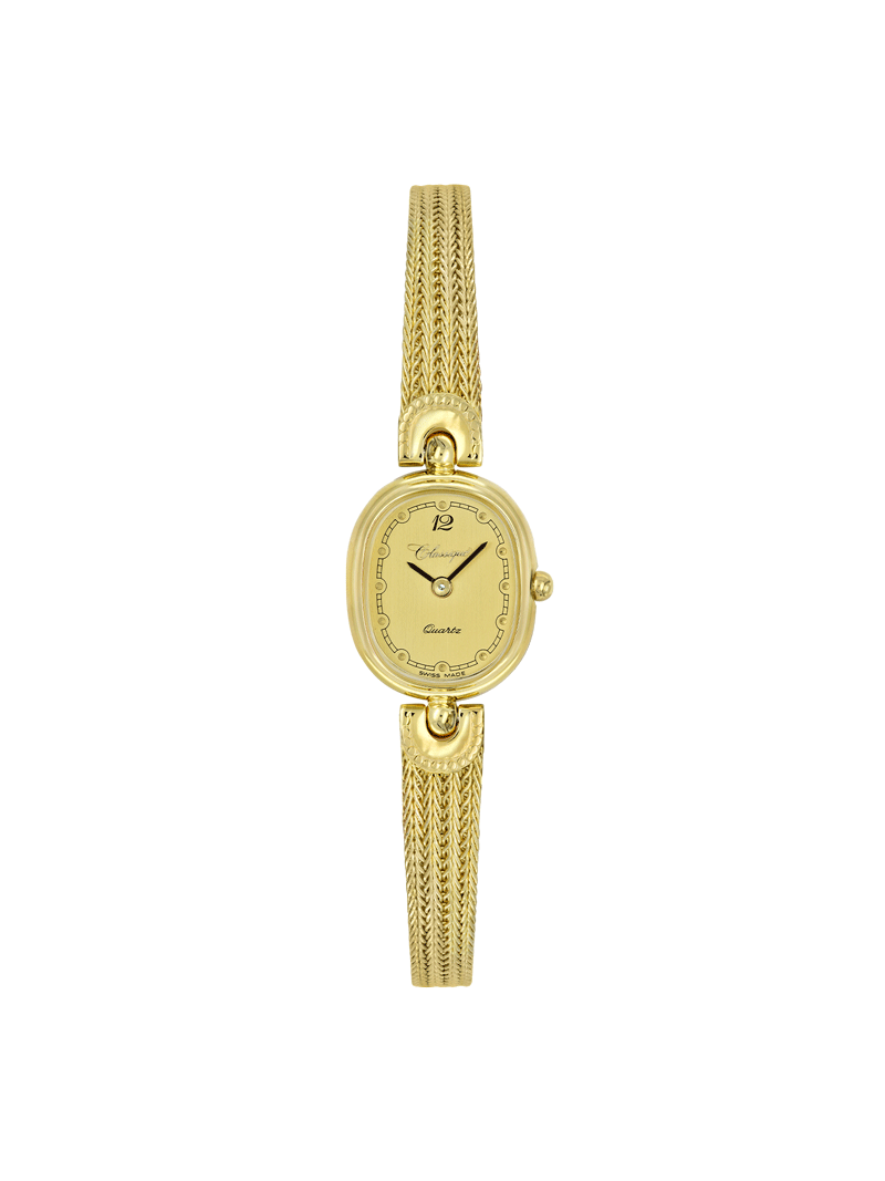 Case Gold Plated Dial Champagne Dial Black Arabic Mesh Band