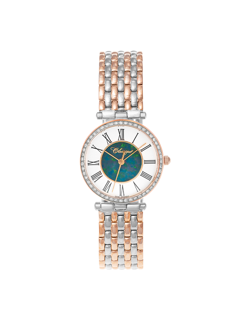 Case Two Tone Rose Gold Plated Stainless Steel Dial Opal Dial Black Roman Bracelet