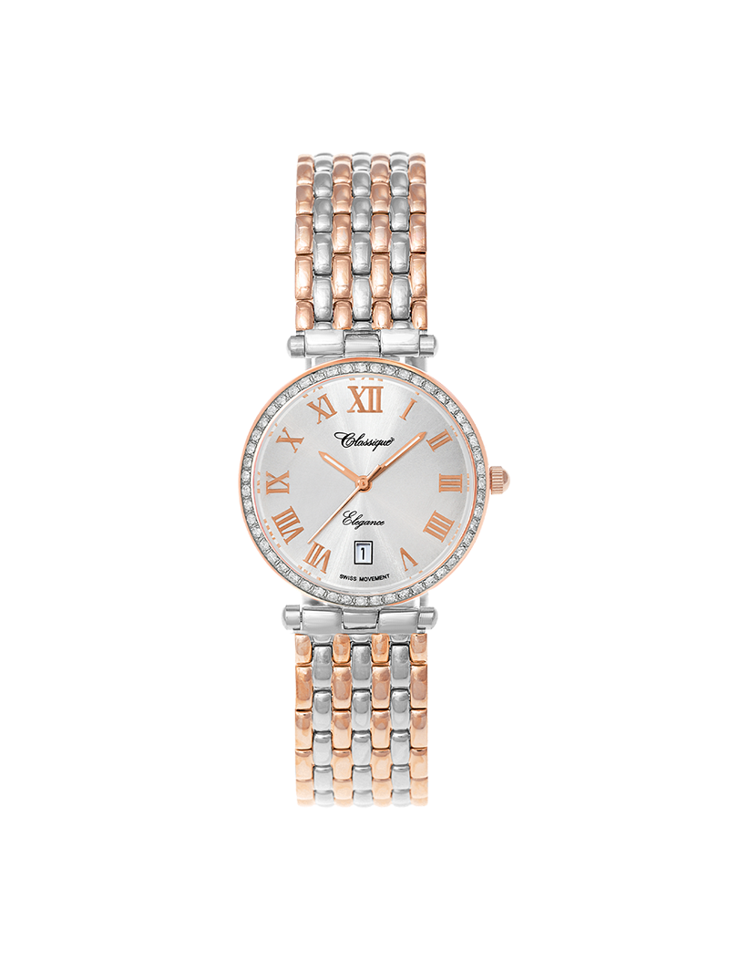 Case Two Tone Rose Gold Plated Stainless Steel Dial Silver Dial Rose Roman Bracelet