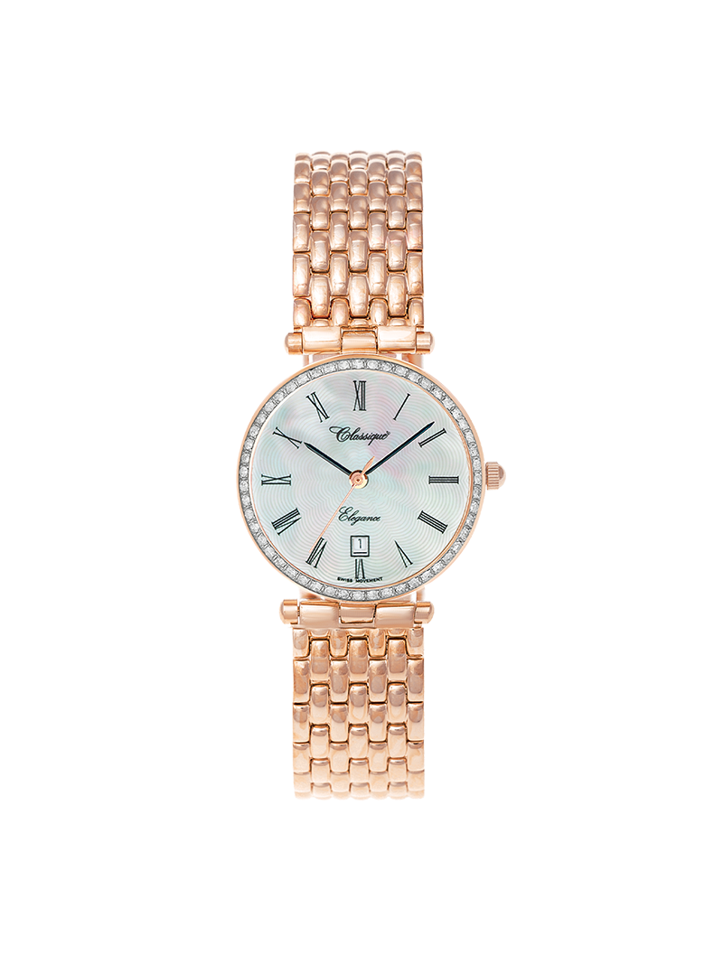 Case Rose Gold Plated Stainless Steel Dial Mother of Pearl Dial Black Roman Bracelet