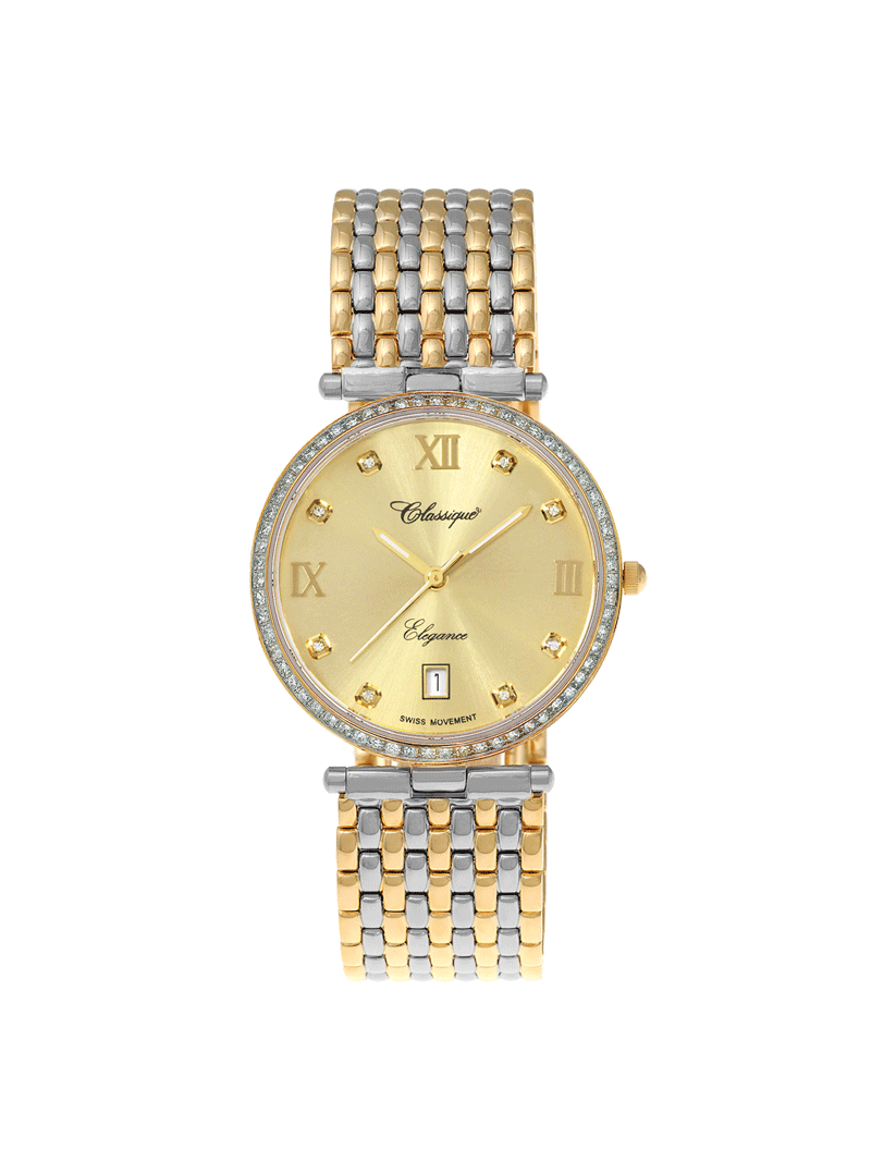 Case Two Tone Gold Plated Stainless Steel Dial Champagne Dial Square Stone Bracelet