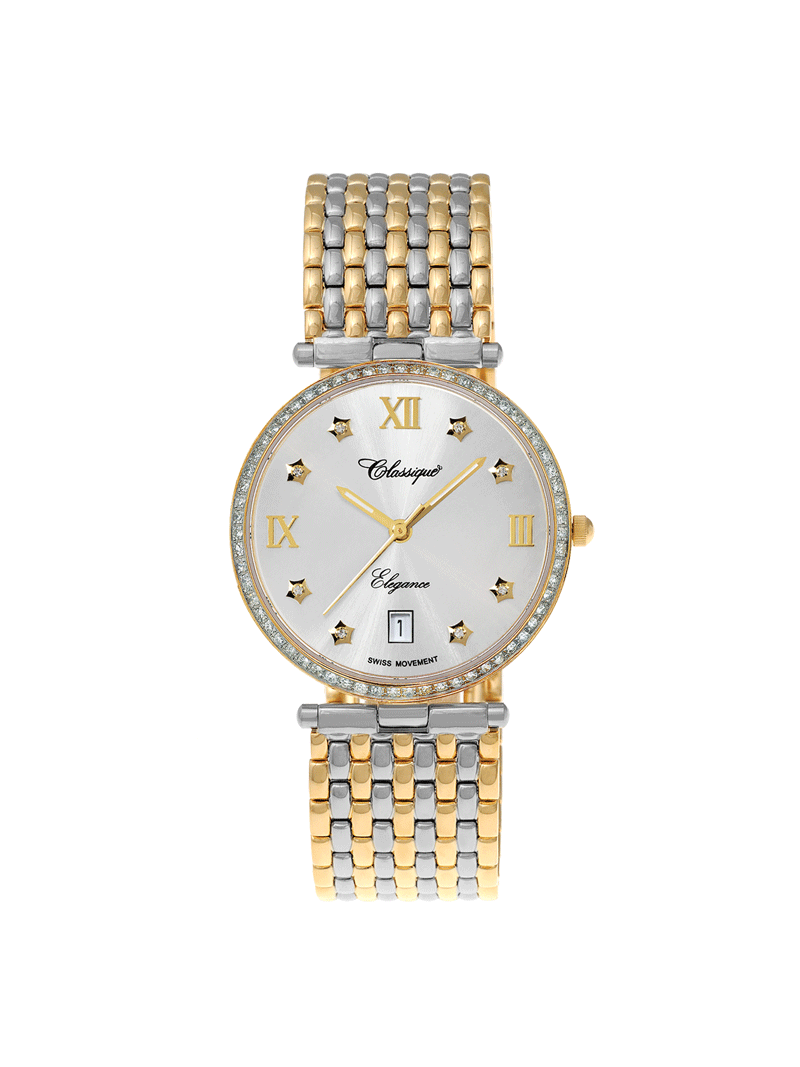 Case Two Tone Gold Plated Stainless Steel Dial Silver Dial Star Stone Bracelet