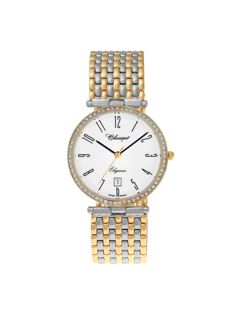 Case Two Tone Gold Plated Stainless Steel Dial White Dial Black Arabic Bracelet