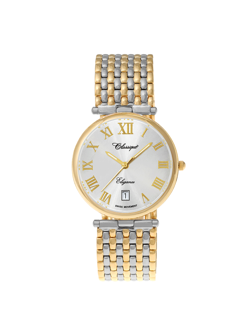 Case Two Tone Gold Plated Stainless Steel Dial Silver Dial Champagne Roman Bracelet