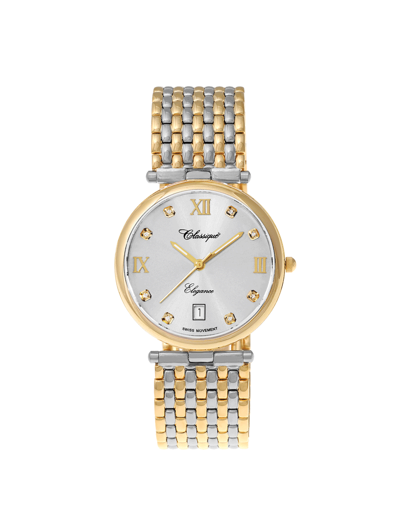 Case Two Tone Gold Plated Stainless Steel Dial Silver Dial Square Stone Bracelet