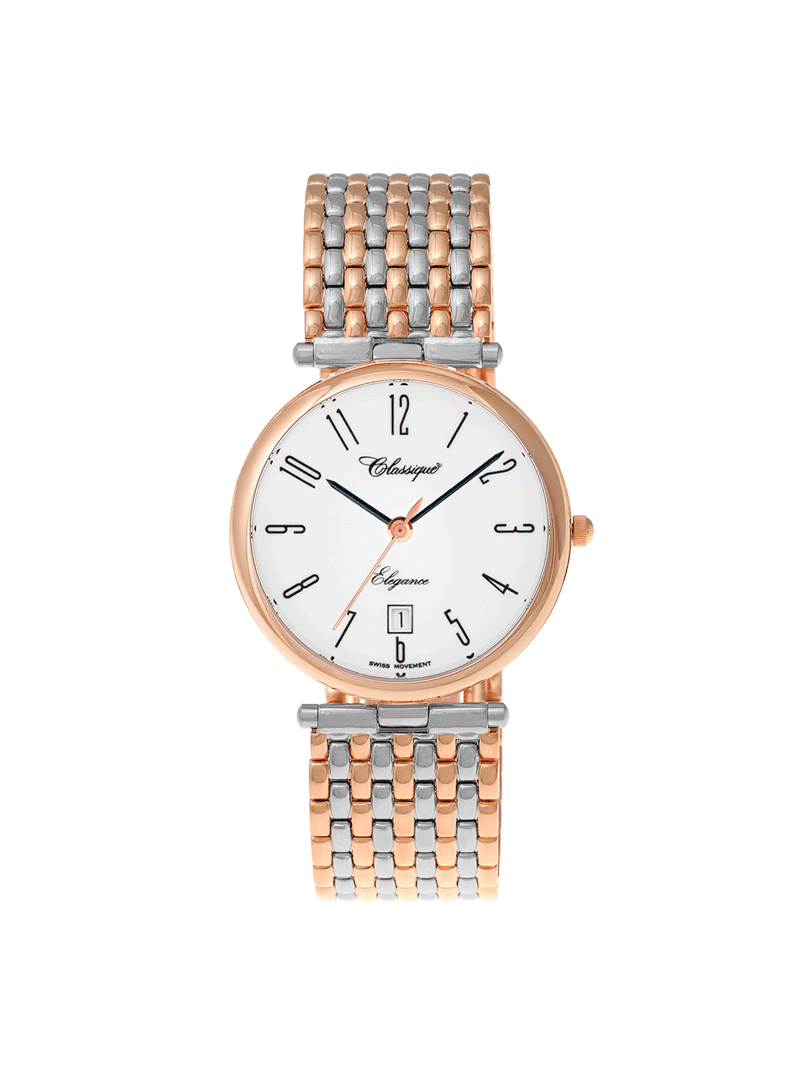 Case Two Tone Rose Gold Plated Stainless Steel Dial White Dial Black Arabic Bracelet