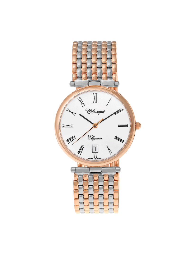 Case Two Tone Rose Gold Plated Stainless Steel Dial White Dial Black Roman Bracelet