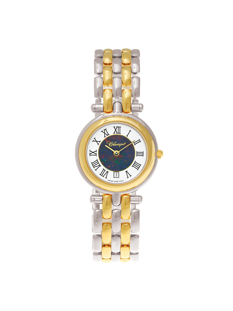 Case Two Tone Gold Plated Stainless Steel Dial Opal Dial Black Roman Bracelet
