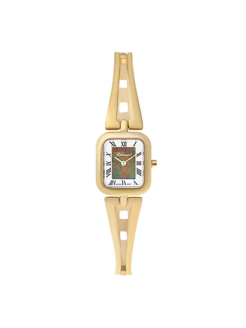 Case Gold Plated Stainless Steel Dial Opal Dial Black Roman Half Bangle