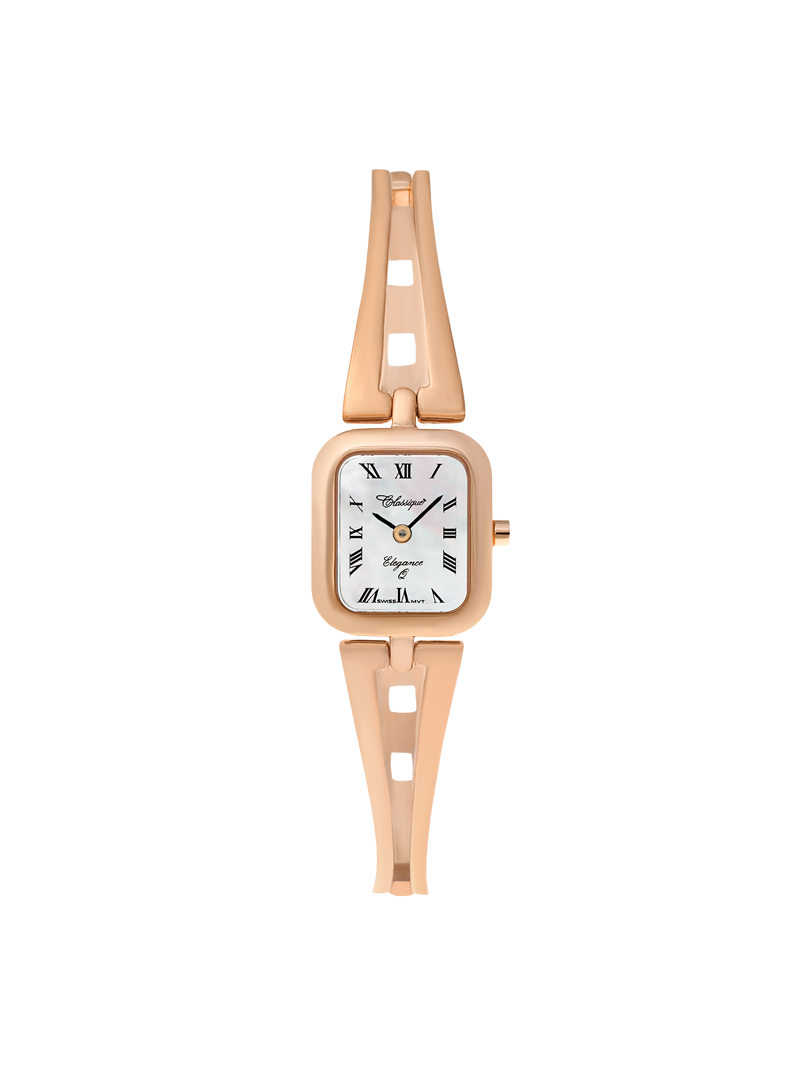 Case Rose Gold Plated Stainless Steel Dial Mother of Pearl Dial Black Roman Half Bangle