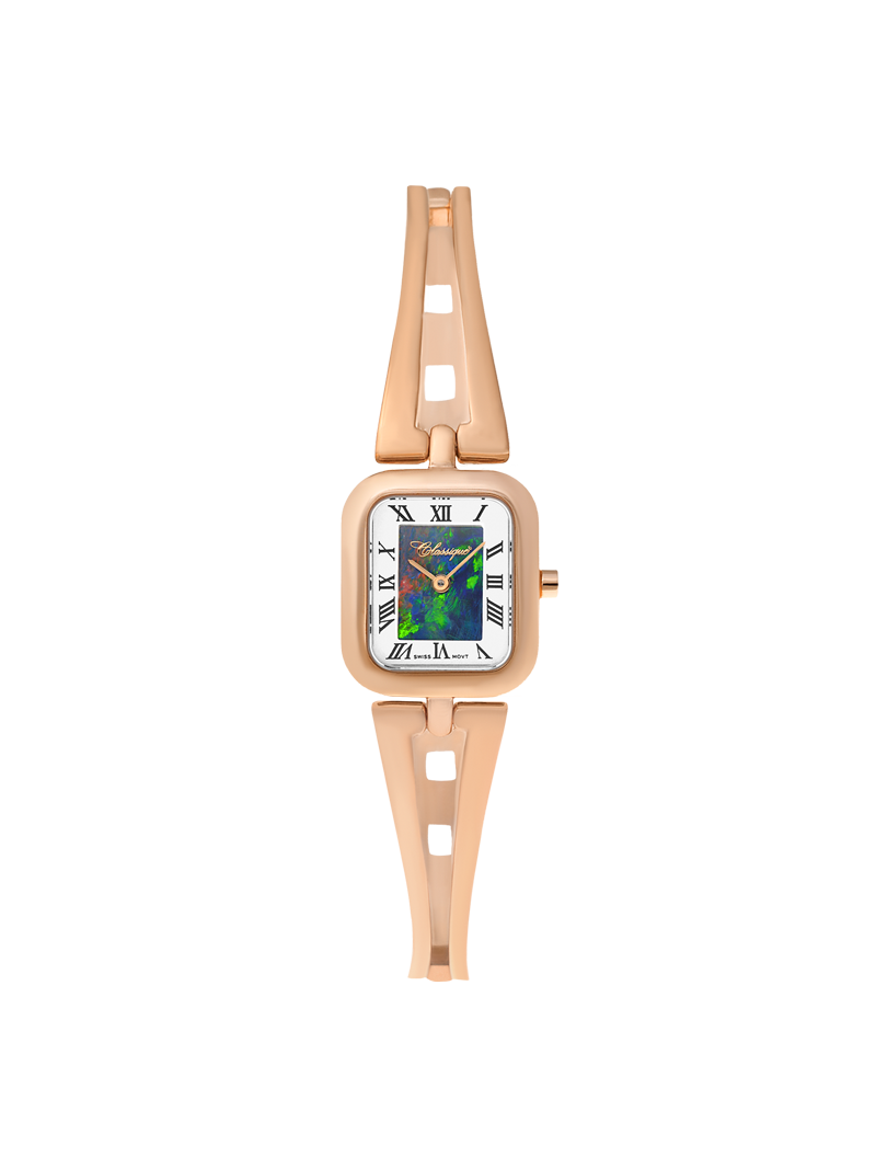 Case Rose Gold Plated Stainless Steel Dial Opal Dial Black Roman Half Bangle