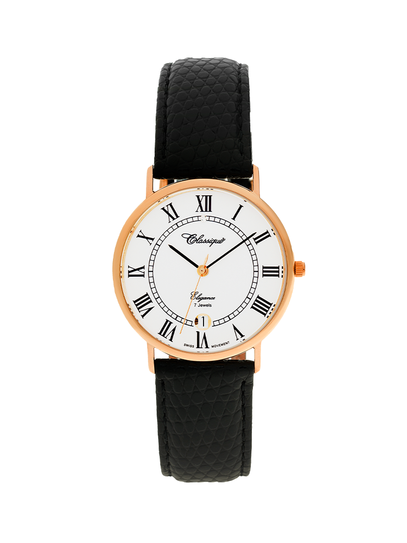 Case 9ct Rose Gold Dial White Dial Black Roman Leather Black