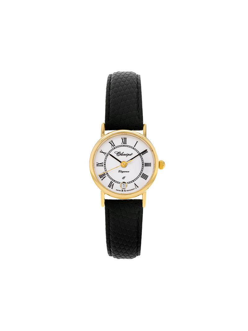 Case 9ct Gold Dial White Dial Black Roman Leather Black