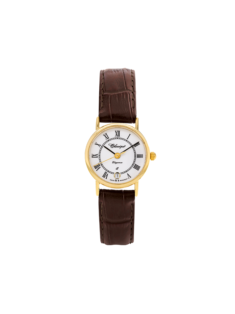 Case 9ct Gold Dial White Dial Black Roman Leather Brown