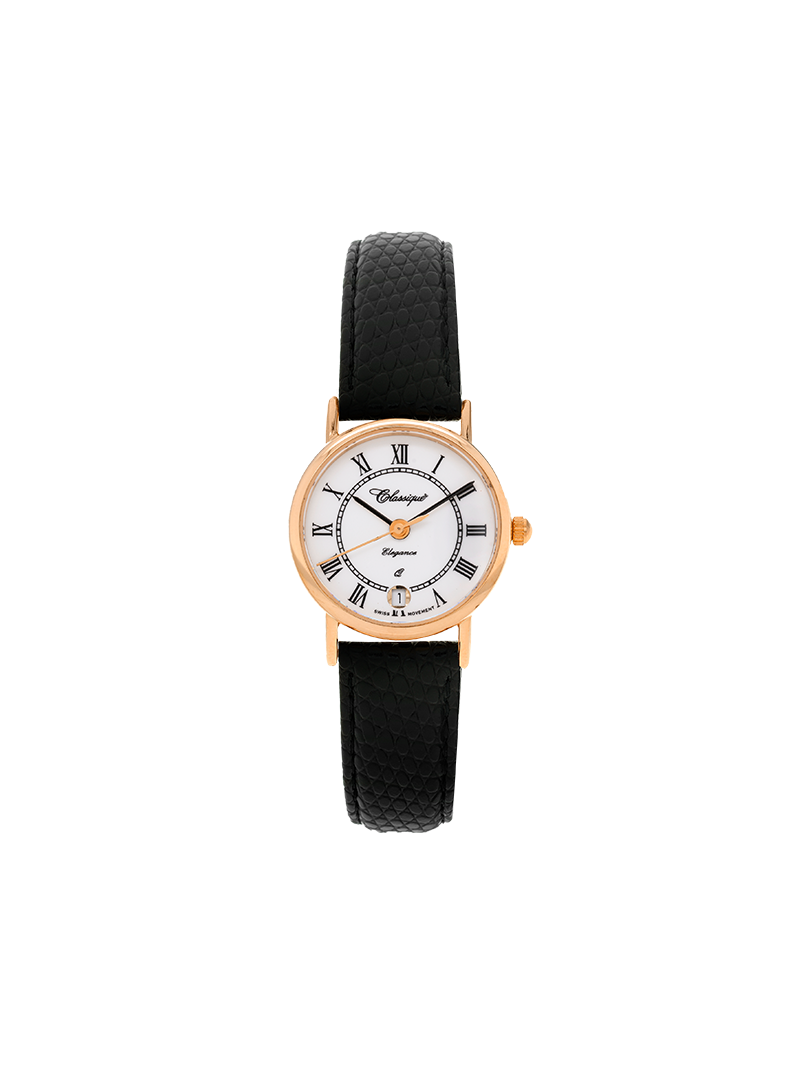 Case 9ct Rose Gold Dial White Dial Black Roman Leather Black