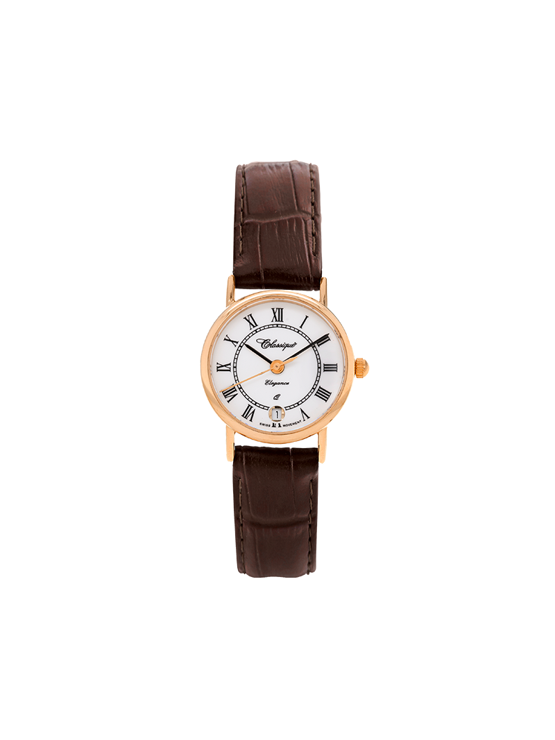 Case 9ct Rose Gold Dial White Dial Black Roman Leather Brown