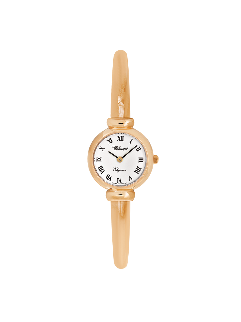 Case Rose Gold Plated Stainless Steel Dial White Dial Black Roman Half Bangle