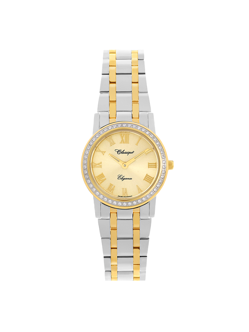 Case Two Tone Gold Plated Stainless Steel Dial Champagne Dial Champagne Roman Bracelet