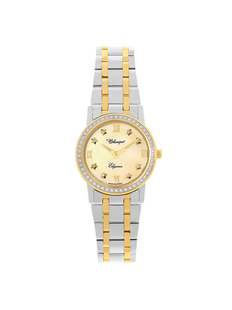 Case Two Tone Gold Plated Stainless Steel Dial Champagne Dial Star Stone Bracelet