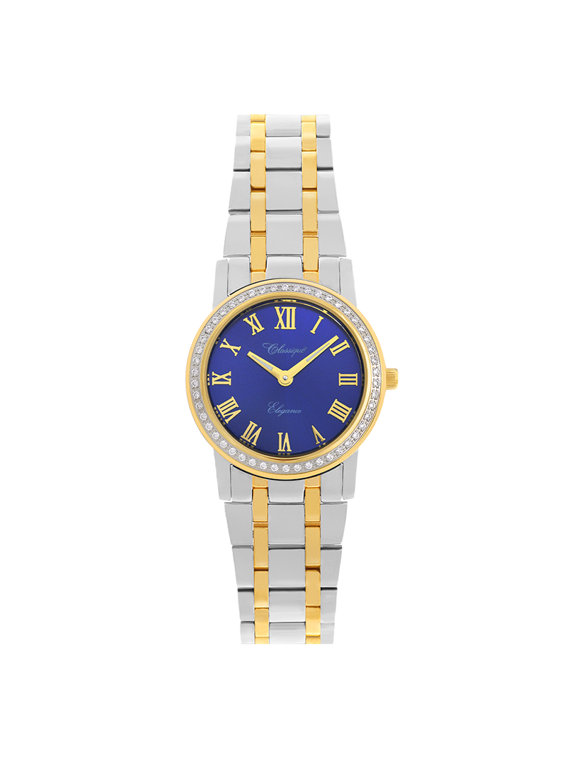 Case Two Tone Gold Plated Stainless Steel Dial Blue Dial Champagne Roman Bracelet