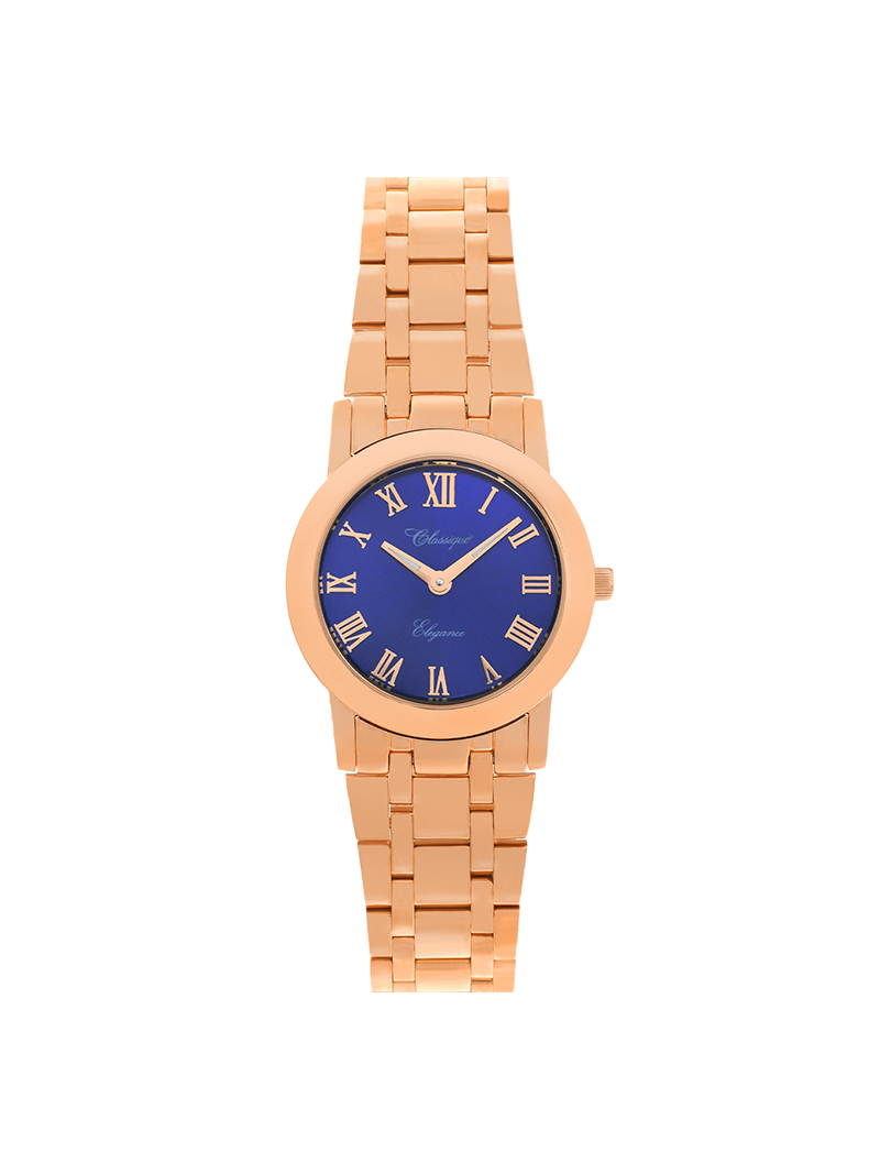 Case Rose Gold Plated Stainless Steel Dial Blue Dial Rose Roman Bracelet