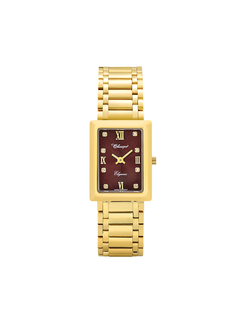 Case Gold Plated Stainless Steel Dial Brown Dial Square Stone Bracelet