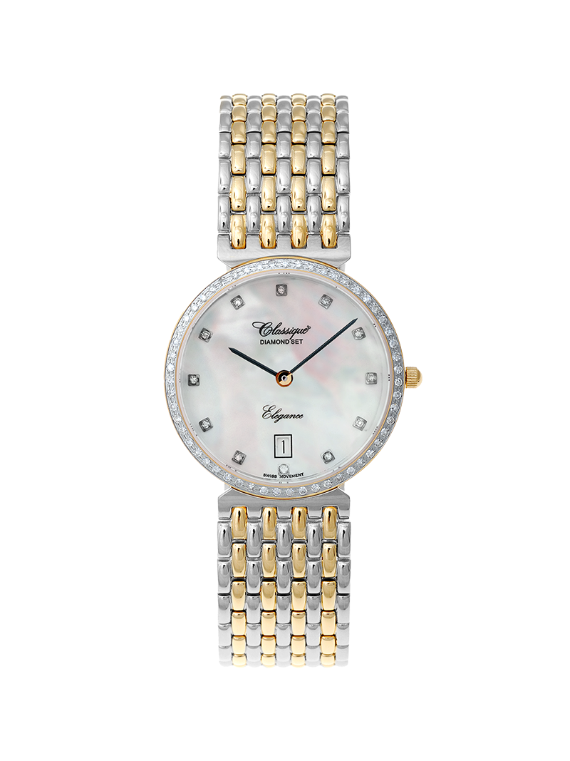 Case Two Tone Gold Plated Stainless Steel Dial Mother of Pearl Dial Diamond Bracelet