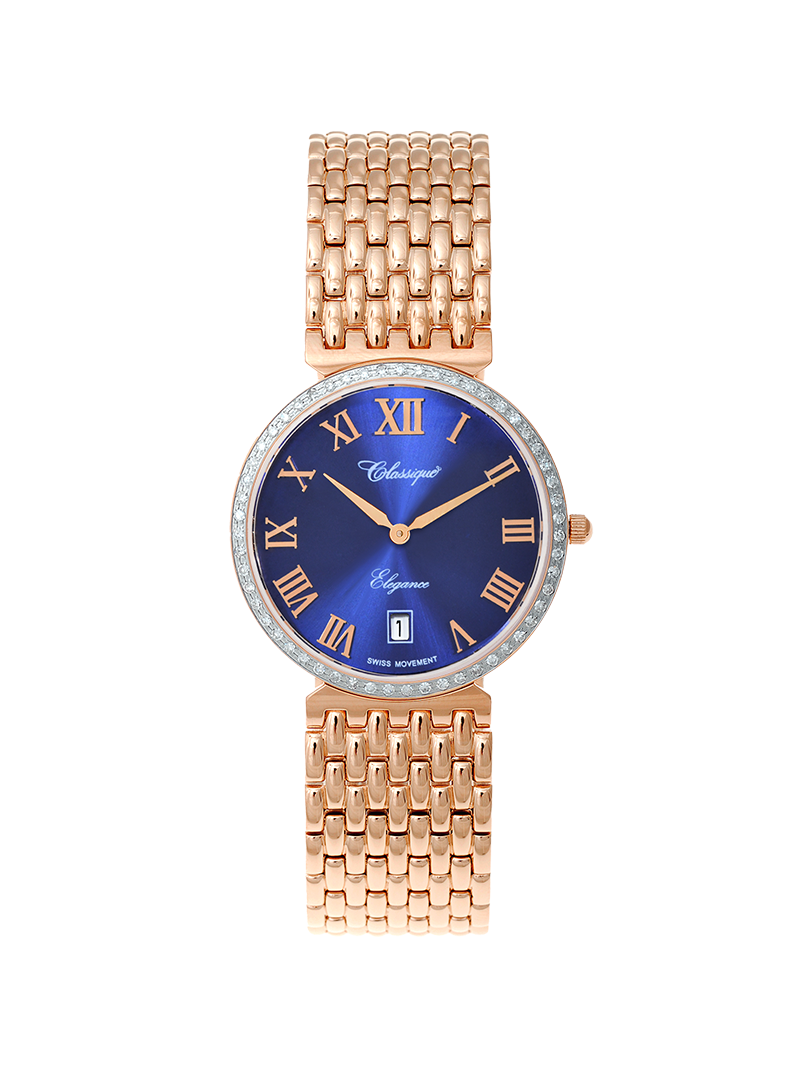Case Rose Gold Plated Stainless Steel Dial Blue Dial Rose Roman Bracelet