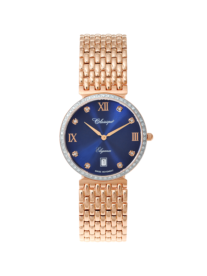 Case Rose Gold Plated Stainless Steel Dial Blue Dial Square Stone Bracelet