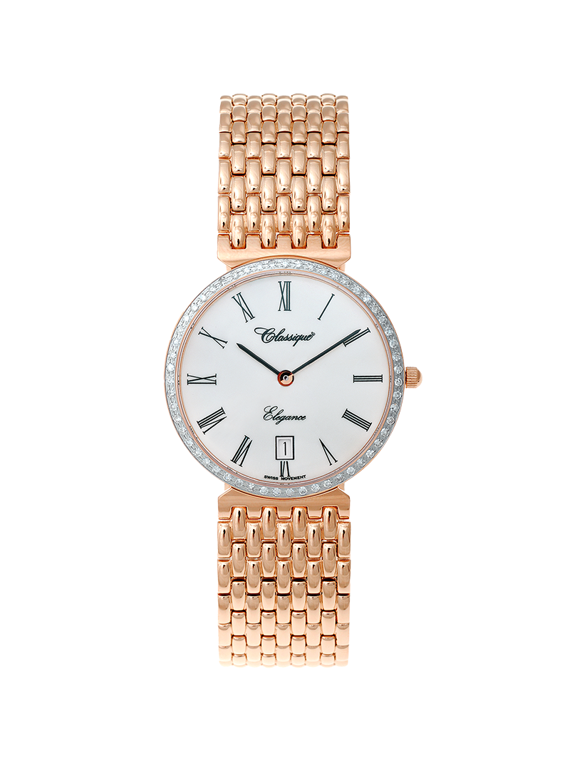 Case Rose Gold Plated Stainless Steel Dial White Dial Black Roman Bracelet