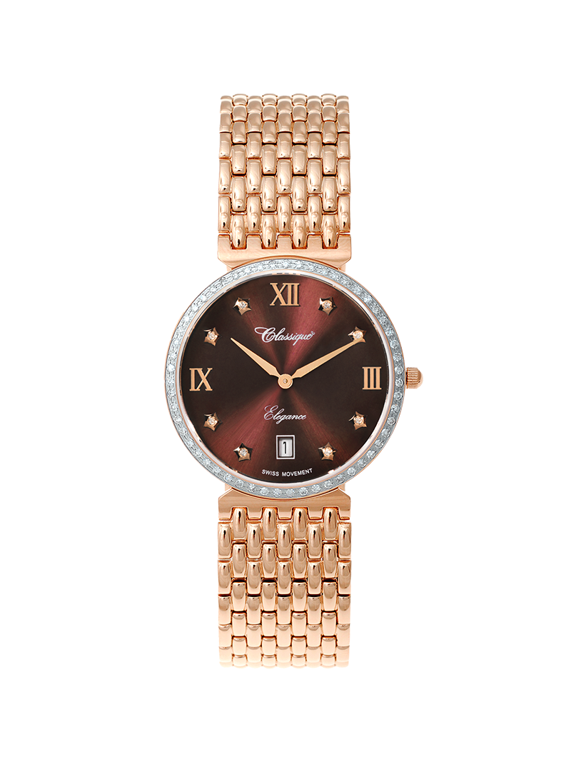 Case Rose Gold Plated Stainless Steel Dial Brown Dial Star Stone Bracelet