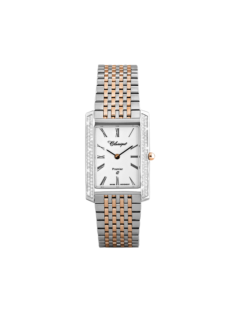 Case Two Tone Rose Gold Plated Stainless Steel Dial White Dial Black Roman Bracelet