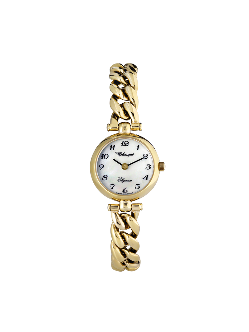 Case Gold Plated Stainless Steel Dial Mother of Pearl Dial Black Arabic Bracelet