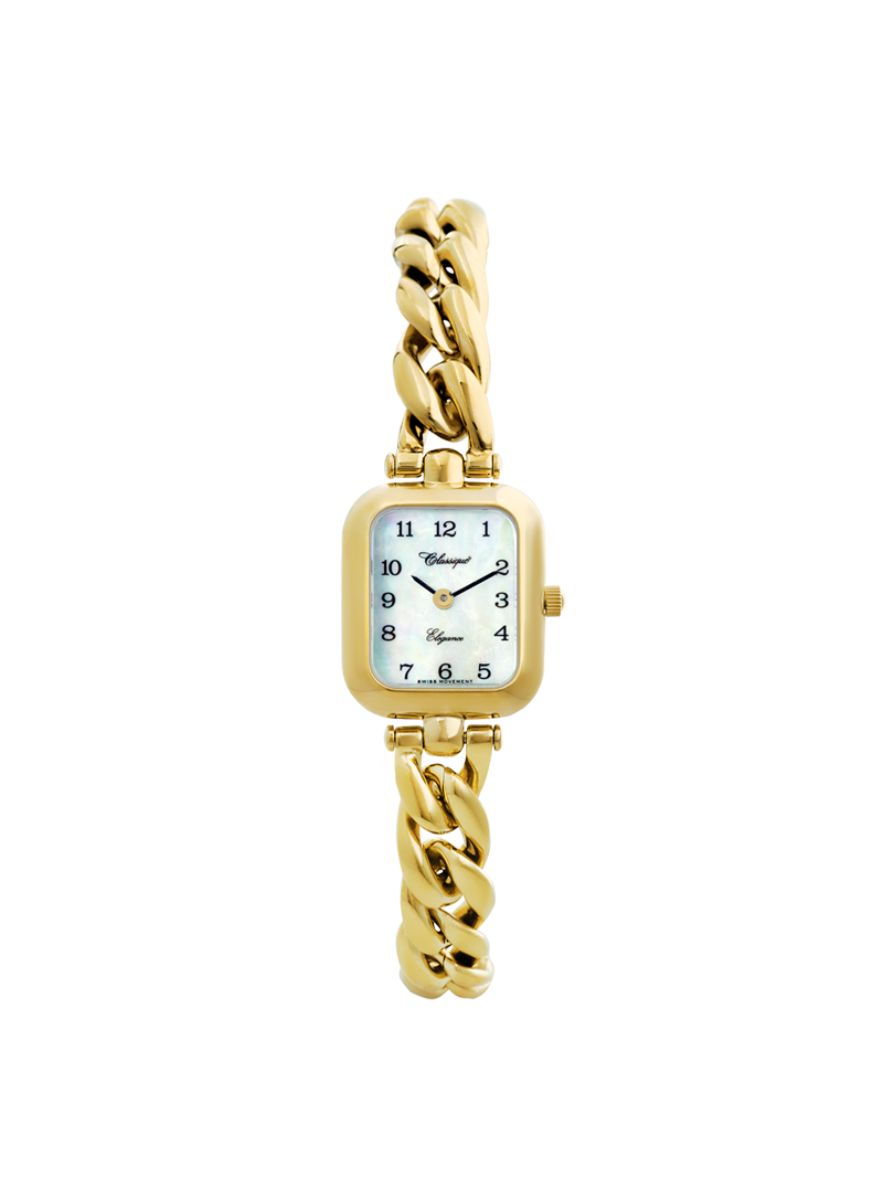 Case Gold Plated Stainless Steel Dial Mother of Pearl Dial Black Arabic Bracelet