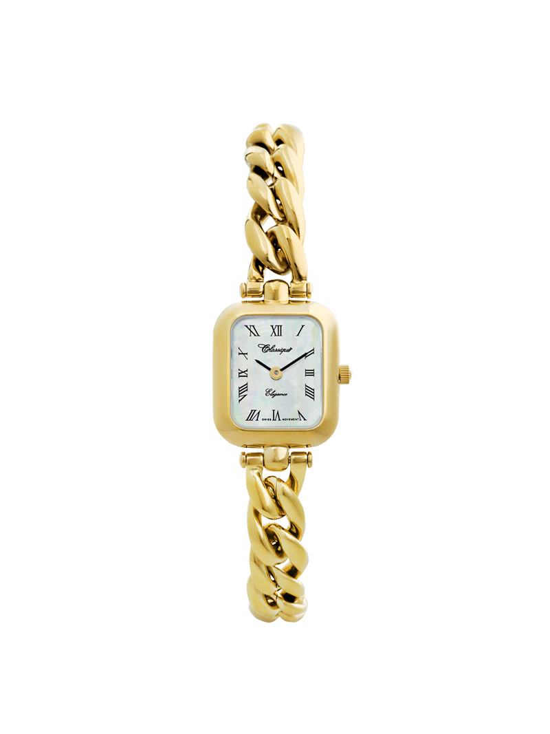 Case Gold Plated Stainless Steel Dial Mother of Pearl Dial Black Roman Bracelet