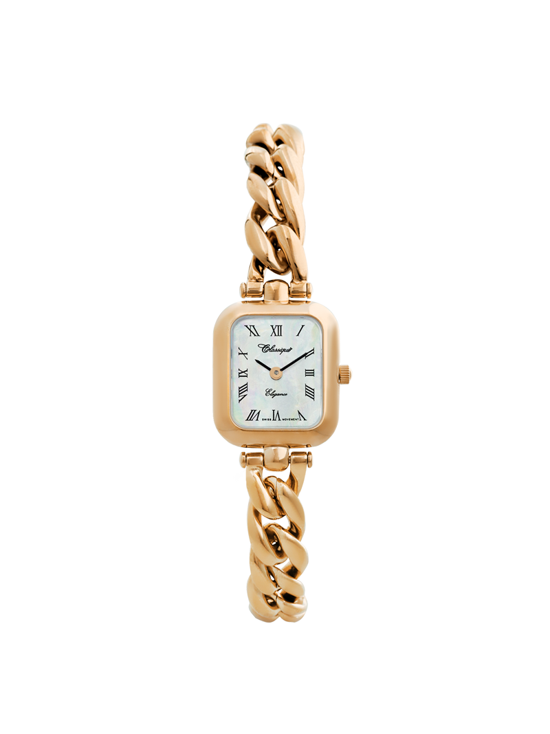 Case Rose Gold Plated Stainless Steel Dial Mother of Pearl Dial Black Roman Bracelet