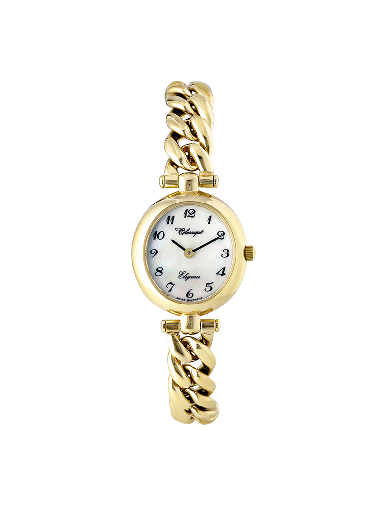 Case Gold Plated Stainless Steel Dial Mother of Pearl Dial Black Arabic Bracelet